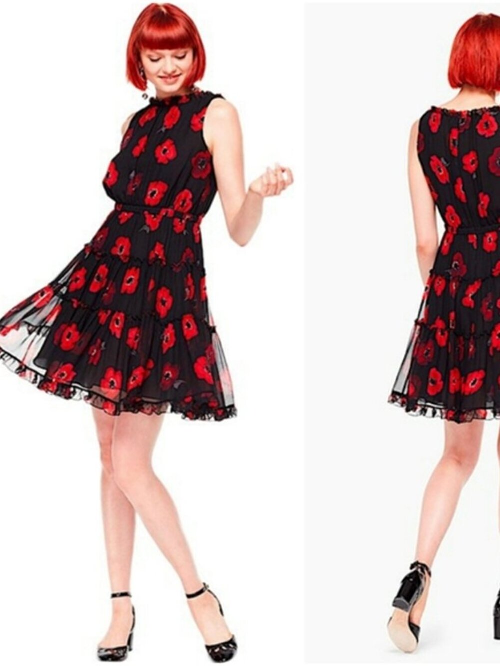 Kate Spade Silk Poppy Chiffon Dress Black Floral Size 2